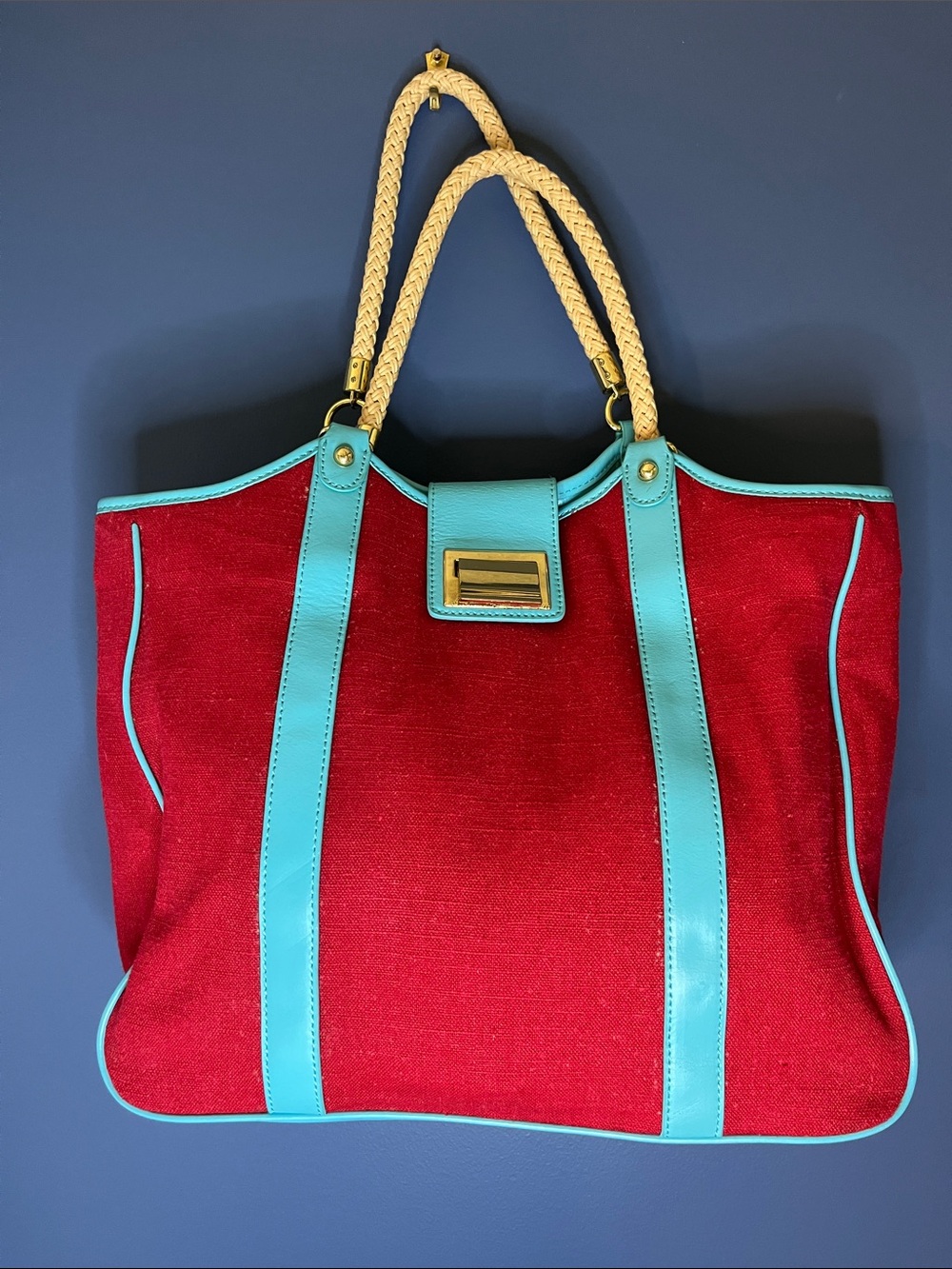 Talbots tote:  Vintage Red Canvas with Turquoise Trim and Rope Handles